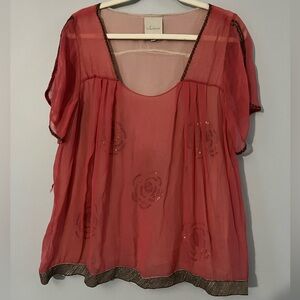 Saivana Sheer Orange Pink Top floral underlay silk made in India Sz XL